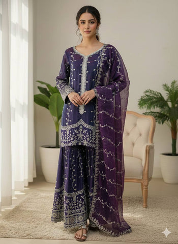 Exclusive Red Pure Fendy Silk Embroidery Work Sharara Suit