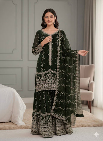 Exclusive Red Pure Fendy Silk Embroidery Work Sharara Suit