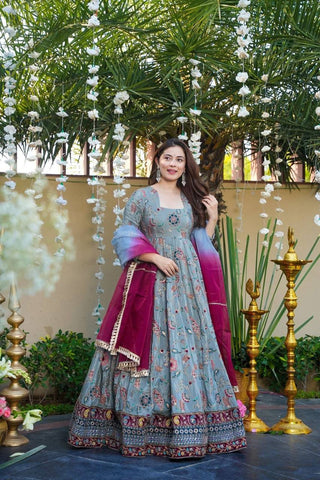 Stunning Blue Organza Silk with Digital Print Anarkali Gown