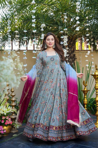 Stunning Blue Organza Silk with Digital Print Anarkali Gown