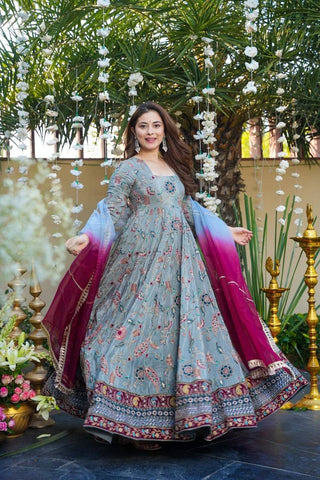 Stunning Blue Organza Silk with Digital Print Anarkali Gown