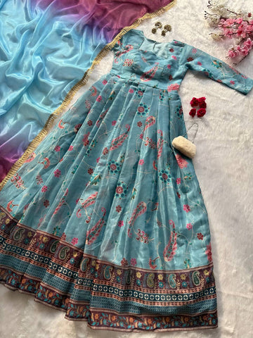 Stunning Blue Organza Silk with Digital Print Anarkali Gown