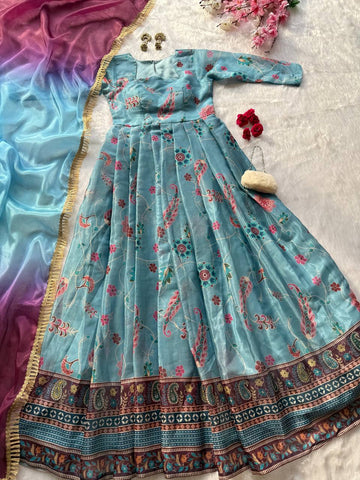 Stunning Blue Organza Silk with Digital Print Anarkali Gown