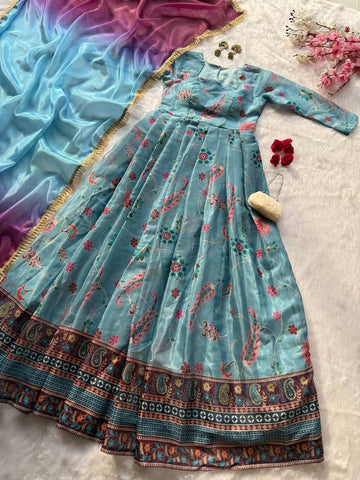 Stunning Blue Organza Silk with Digital Print Anarkali Gown