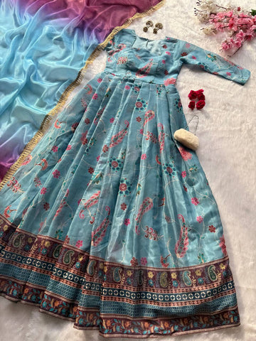Stunning Blue Organza Silk with Digital Print Anarkali Gown