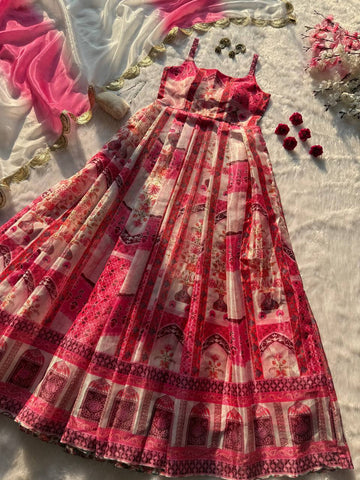 Lovely Pink Organza Digital Print Anarkali Gown