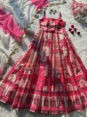 Lovely Pink Organza Digital Print Anarkali Gown