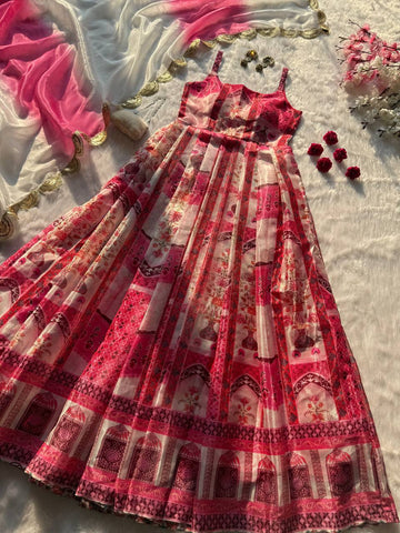 Lovely Pink Organza Digital Print Anarkali Gown