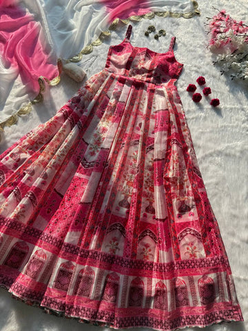 Lovely Pink Organza Digital Print Anarkali Gown