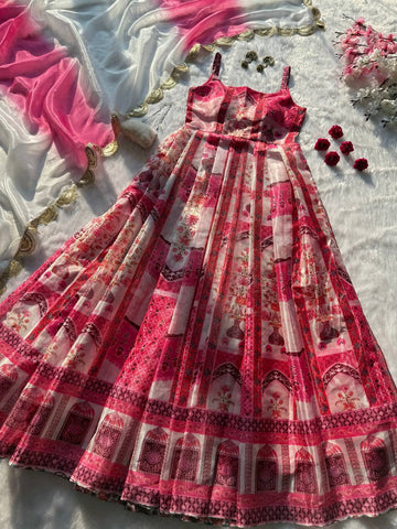 Lovely Pink Organza Digital Print Anarkali Gown