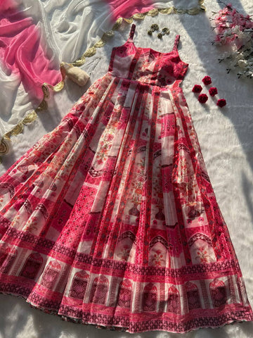 Lovely Pink Organza Digital Print Anarkali Gown