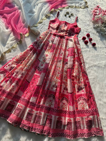 Lovely Pink Organza Digital Print Anarkali Gown