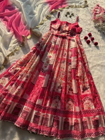 Lovely Pink Organza Digital Print Anarkali Gown