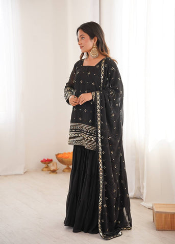 Stunning Black Georgette with Embroidery Sequence Work Sharara Suit