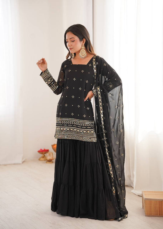 Stunning Black Georgette with Embroidery Sequence Work Sharara Suit