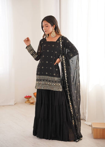 Stunning Black Georgette with Embroidery Sequence Work Sharara Suit