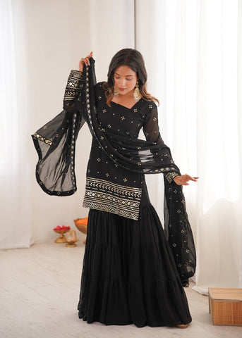 Stunning Black Georgette with Embroidery Sequence Work Sharara Suit
