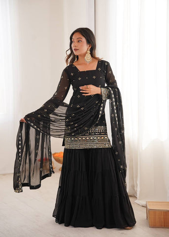 Stunning Black Georgette with Embroidery Sequence Work Sharara Suit