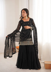 Stunning Black Georgette with Embroidery Sequence Work Sharara Suit