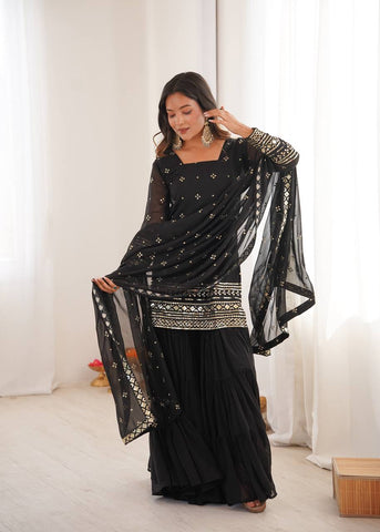 Stunning Black Georgette with Embroidery Sequence Work Sharara Suit