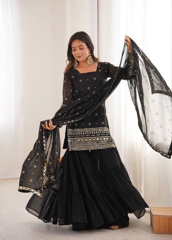 Stunning Black Georgette with Embroidery Sequence Work Sharara Suit