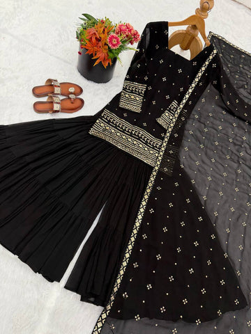 Stunning Black Georgette with Embroidery Sequence Work Sharara Suit