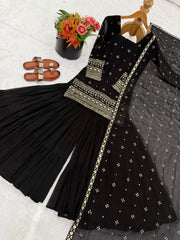 Stunning Black Georgette with Embroidery Sequence Work Sharara Suit