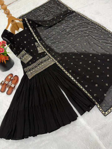 Stunning Black Georgette with Embroidery Sequence Work Sharara Suit