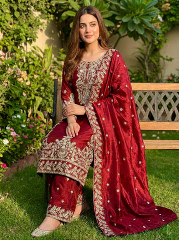 Elegant Maroon Jim Silk Heavy Embroidery Sharara Suit