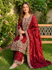 Elegant Maroon Jim Silk Heavy Embroidery Sharara Suit
