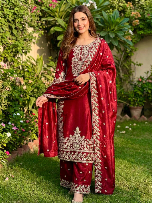Elegant Maroon Jim Silk Heavy Embroidery Sharara Suit