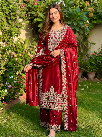 Elegant Maroon Jim Silk Heavy Embroidery Sharara Suit