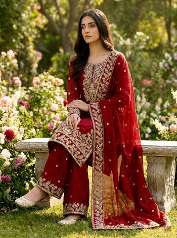 Elegant Maroon Jim Silk Heavy Embroidery Sharara Suit