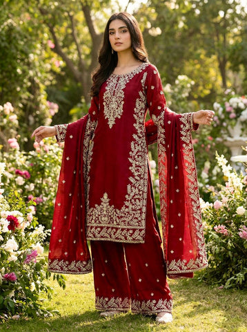 Elegant Maroon Jim Silk Heavy Embroidery Sharara Suit