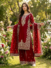 Elegant Maroon Jim Silk Heavy Embroidery Sharara Suit
