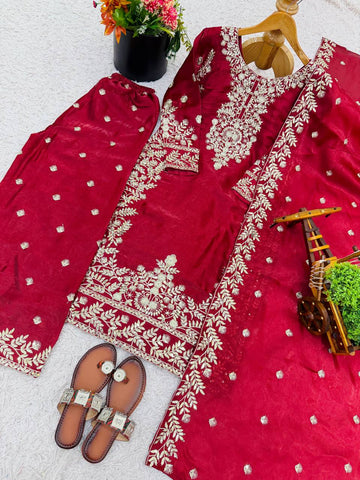 Elegant Maroon Jim Silk Heavy Embroidery Sharara Suit