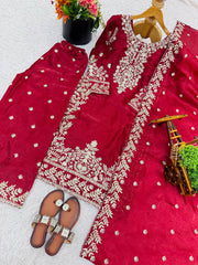 Elegant Maroon Jim Silk Heavy Embroidery Sharara Suit