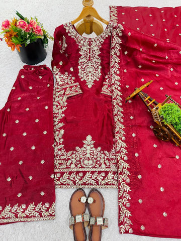 Elegant Maroon Jim Silk Heavy Embroidery Sharara Suit