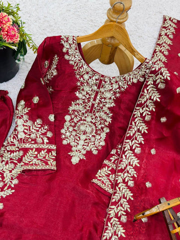 Elegant Maroon Jim Silk Heavy Embroidery Sharara Suit