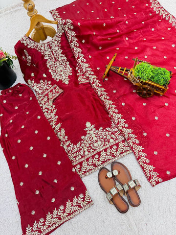 Elegant Maroon Jim Silk Heavy Embroidery Sharara Suit