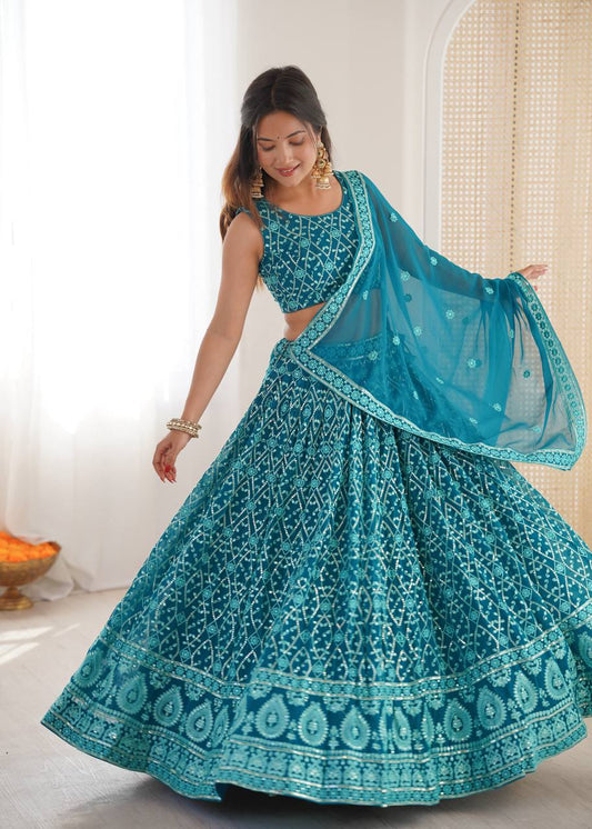Elegant Blue Faux Georgette Thread Embroidered Lehenga