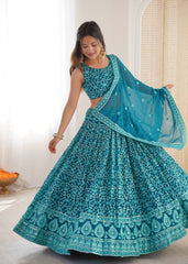 Elegant Blue Faux Georgette Thread Embroidered Lehenga