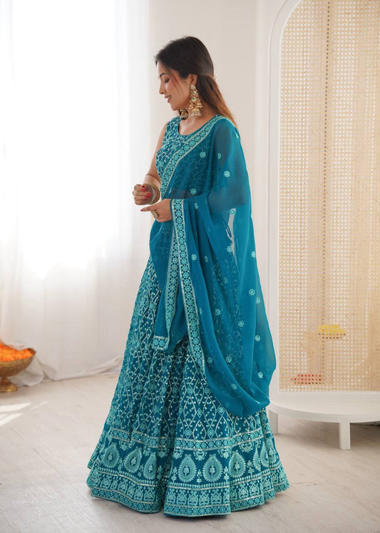 Elegant Blue Faux Georgette Thread Embroidered Lehenga