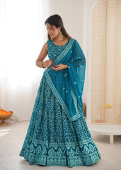 Elegant Blue Faux Georgette Thread Embroidered Lehenga