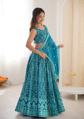 Elegant Blue Faux Georgette Thread Embroidered Lehenga