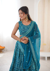 Elegant Blue Faux Georgette Thread Embroidered Lehenga