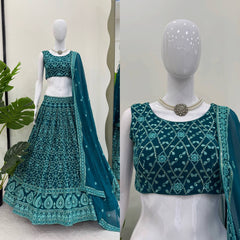 Elegant Blue Faux Georgette Thread Embroidered Lehenga