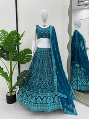 Elegant Blue Faux Georgette Thread Embroidered Lehenga