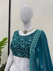 Elegant Blue Faux Georgette Thread Embroidered Lehenga