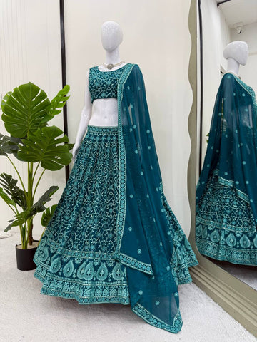 Elegant Blue Faux Georgette Thread Embroidered Lehenga
